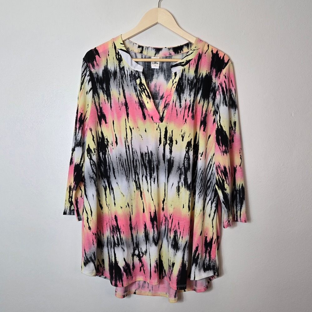 Sew In Love Pink Yellow Tie Dye V-Neck 3/4 Sleeve Tunic Top XL VGT112-1840BX